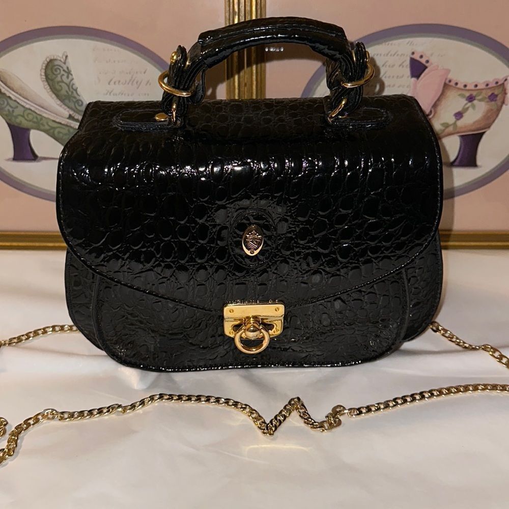 LA LAURENT Paris New York Vintage Black Croc Embossed Leather Small Satchel Bag